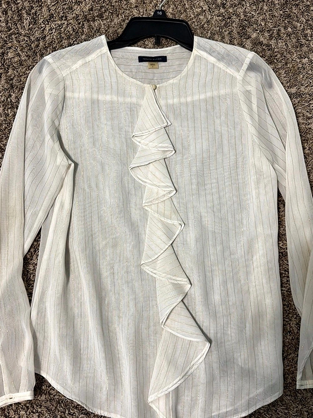 Tommy Hilfiger Sheer-Stripe Ruffle-Front Blouse White Medium Like New